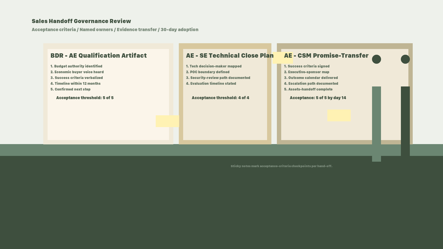 B2B Sales Handoff Governance in 2026 — BDR-to-AE, AE-to-SE, and AE-to-CSM Handoffs with Acceptance Criteria and 30-Day Adoption Metrics